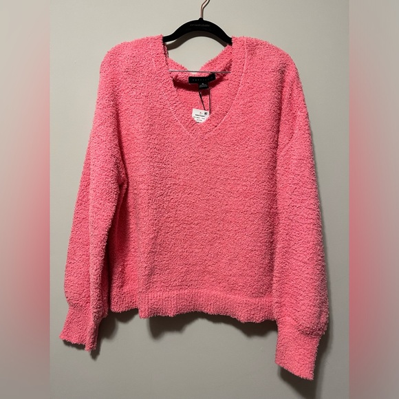 NWT Sanctuary V-neck textured teddy, balloon sleeve, pullover sweater XL pink - Picture 2 of 11
